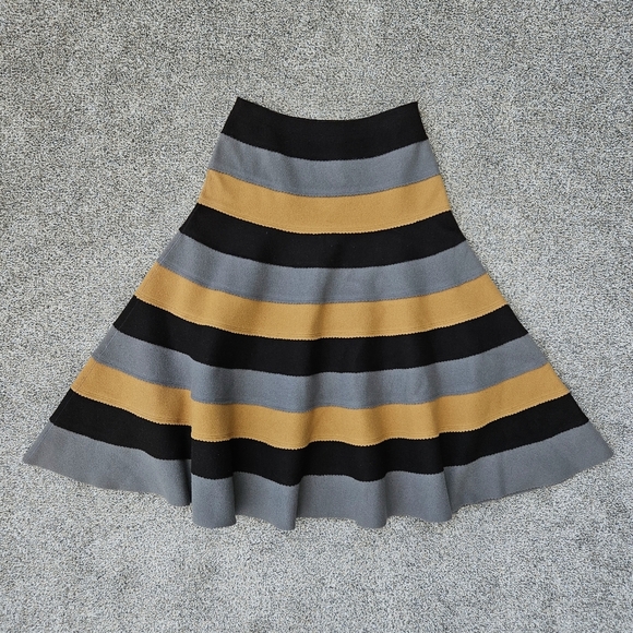 Vintage Anne Klein Striped Wool Long Skirt Black Tan Gray 90s Womens Size 4 - Picture 1 of 16